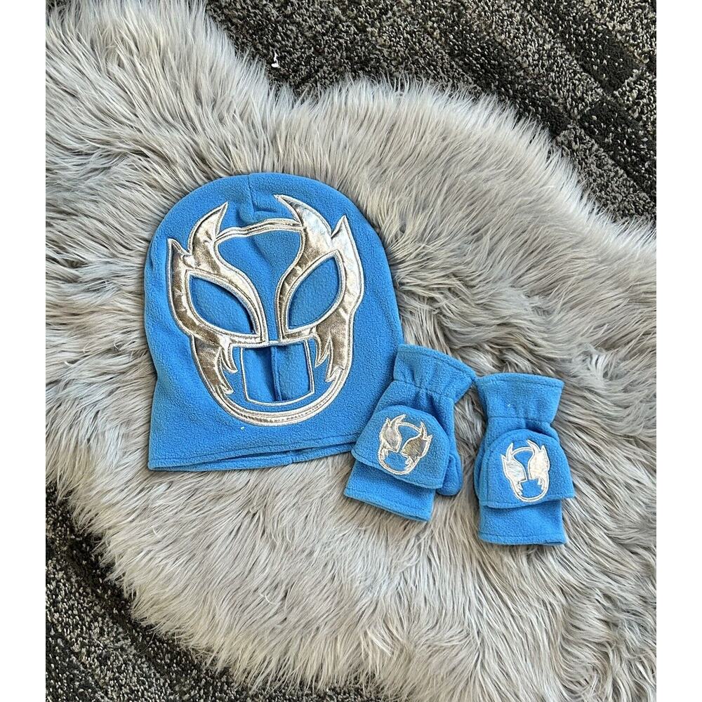 Blue Fleece Kids Luchador‎ Wrestling Mask & Mittens Winter Hat WWE Rey Mysterio